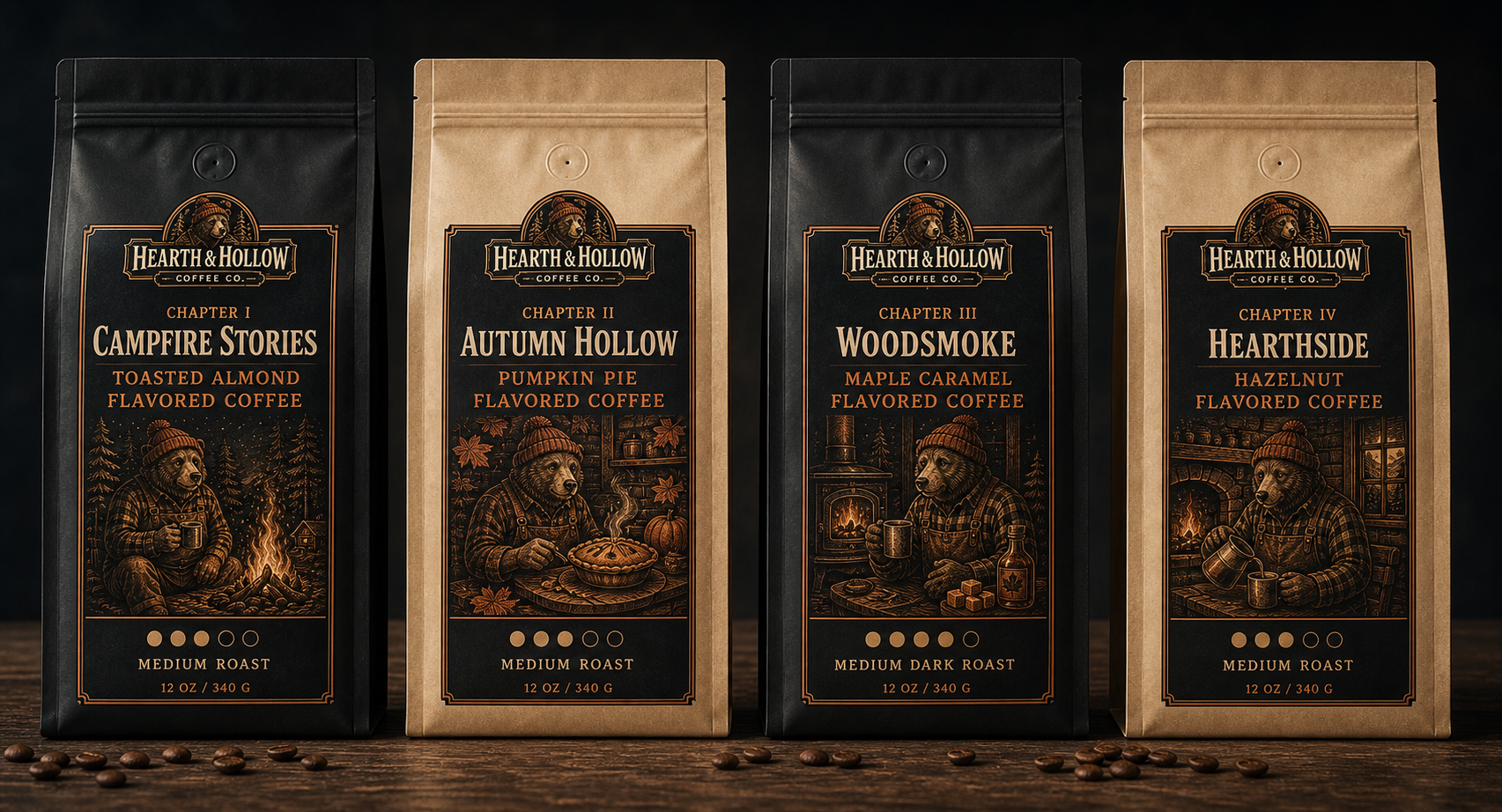The four Hearth and Hollow opening coffee bags
